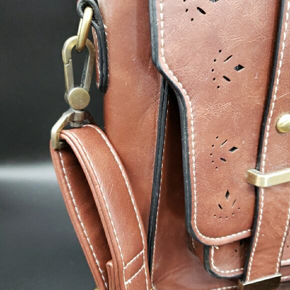 Ecosusi Faux Leather Satchel Purse Brown Cutout Detail Crossbody 11"x8.5" - Picture 2 of 10